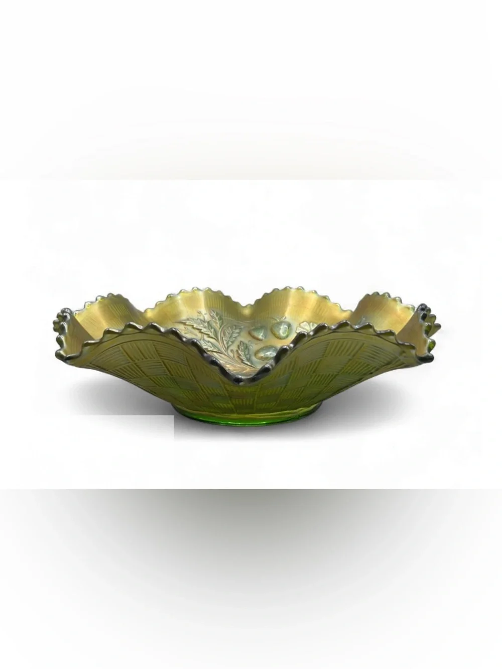 Northwood Antique Green Carnival Glass Strawberry Basketweave Ruffle Edge Bowl